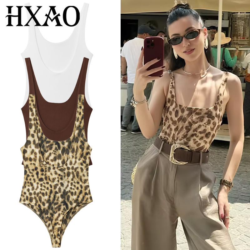 Corset Top Boned - Hxao leopardo deslizamento bodysuit feminino verão