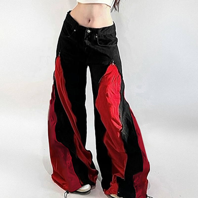 Mom Jeans Women - Zíper escuro retalhos contraste cor calças