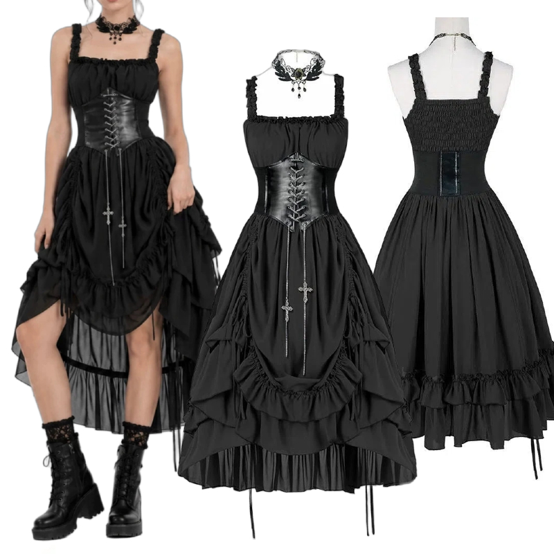 Corset Top Boned - Vestido Gótico Feminino com Corset Preto